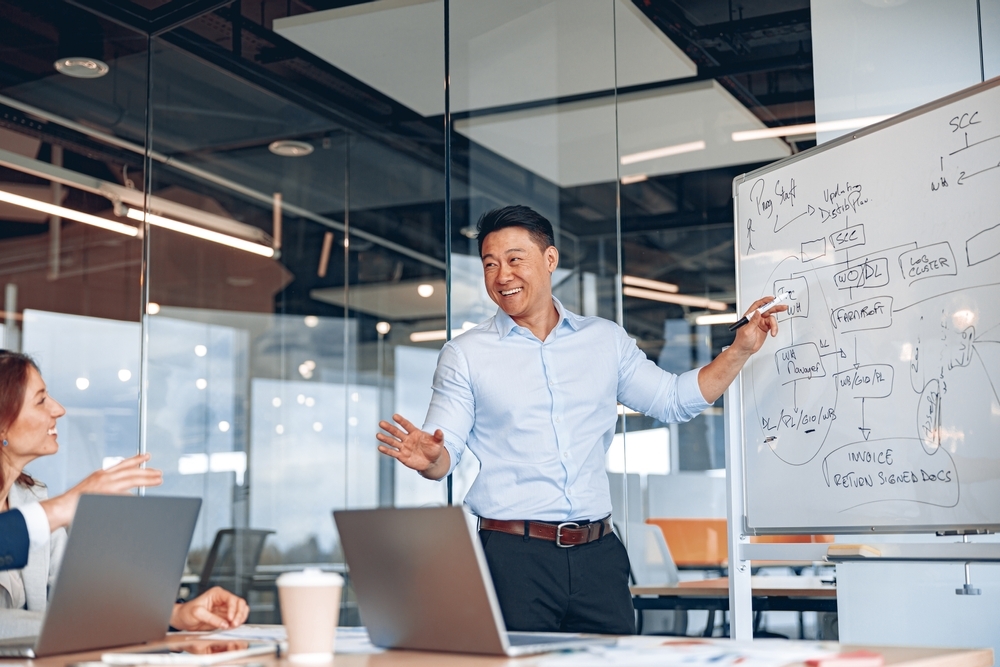 man leading a presentation in front of a white board while examining corporate tax planning strategies 