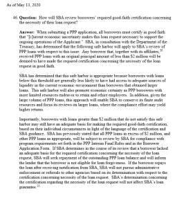 Excerpt from SBA.gov regarding safe harbor for ppp loans